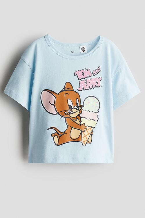 Printed cotton T-shirt - light blue tom and jerry