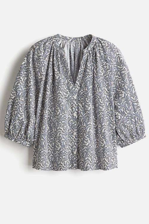Balloon-sleeved poplin blouse - cream/blue patterned