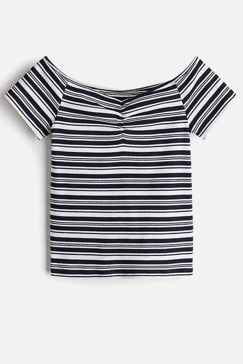 Ribbed boat-neck top - navy blue/white striped