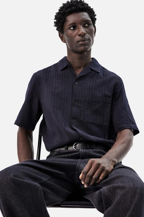 Regular fit linen-blend resort shirt - navy blue