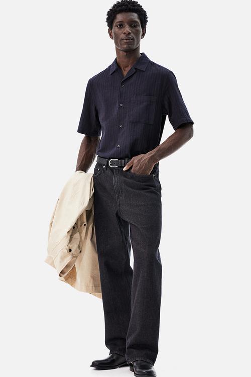 Regular fit linen-blend resort shirt - navy blue