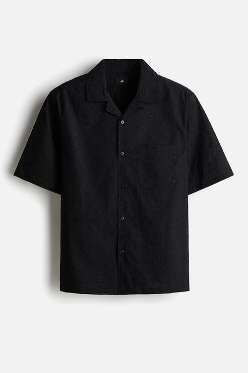 Regular fit embroidered resort shirt - black