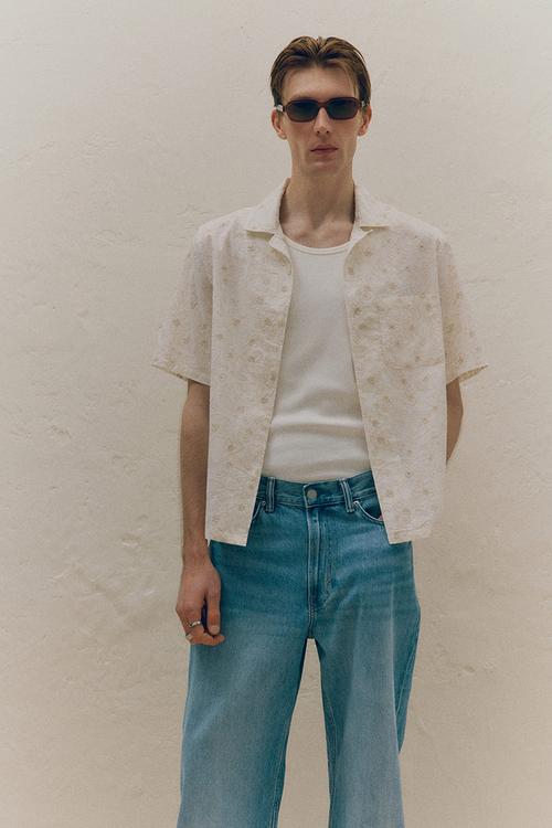 Regular fit embroidered resort shirt - white floral 