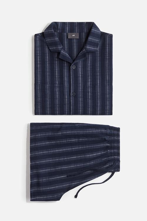 Cotton pyjama shirt and shorts - dark blue striped