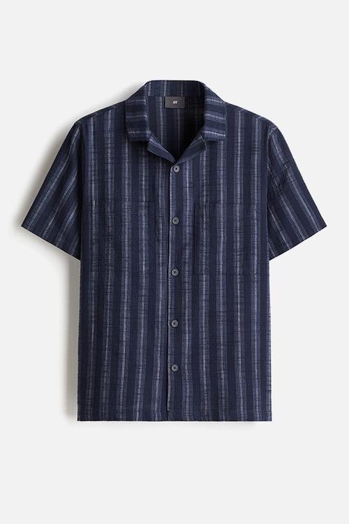 Cotton pyjama shirt and shorts - dark blue striped