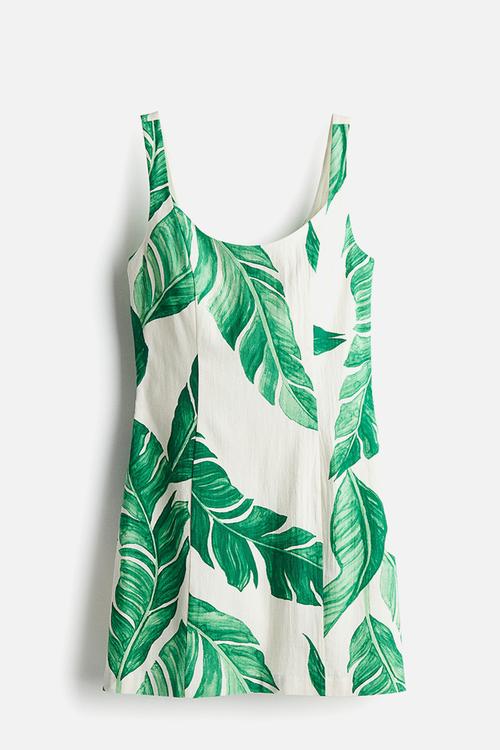 Fitted mini dress - white & green patterned
