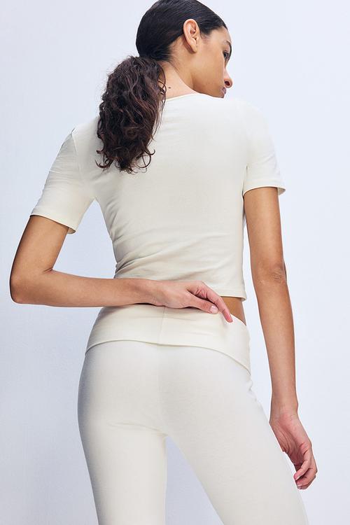 Cropped scoop-neck t-shirt - cream