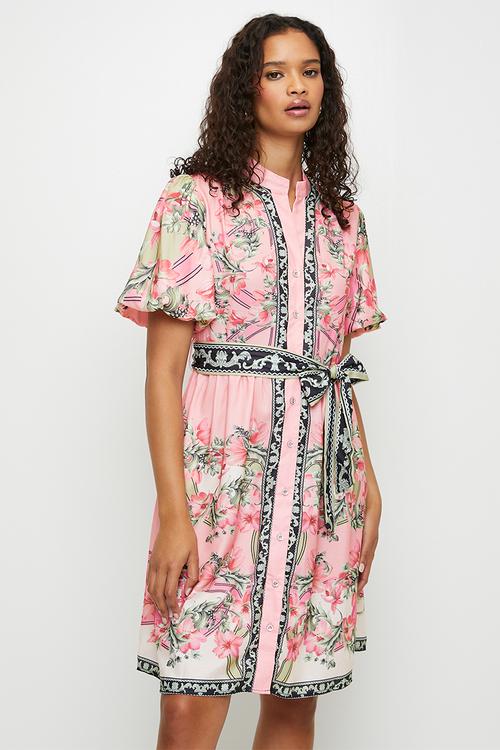 S/s Puff Elasticated Cuff Dress with Border Print  Dress - Coral