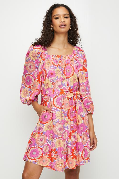 Bell Half Sleeve Elasticated Midi Dress With Square Neck - Multi Pink
