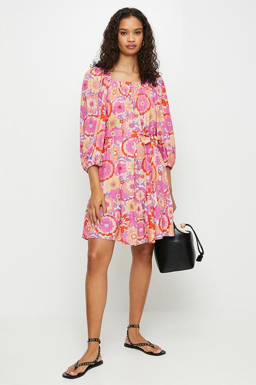 Bell Half Sleeve Elasticated Midi Dress With Square Neck - Multi Pink