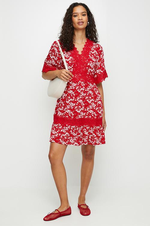 V-neck ladder lace midi dress with ditsy floral print - red