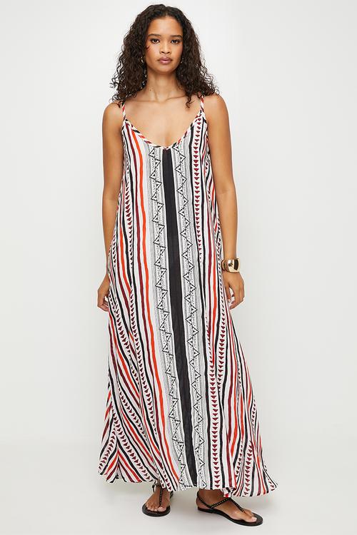 Strappy A-Line Sack Maxi Dress With Side Pockets - Multi