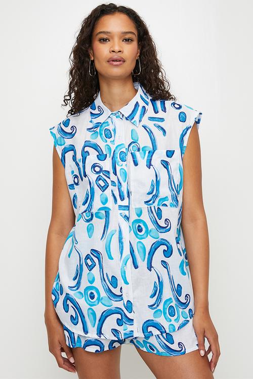 Sleeveless Button Through Sheer Printed Blouse Longer Length - Blue