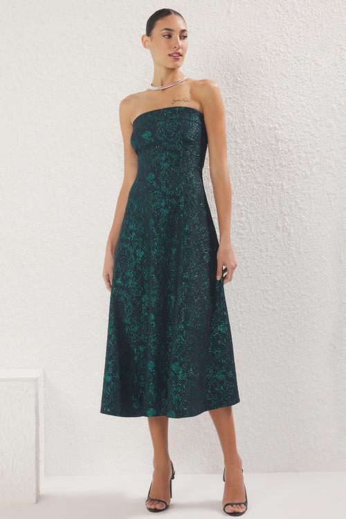 A-line jacquard woven midi elegant evening prom dress - emerald