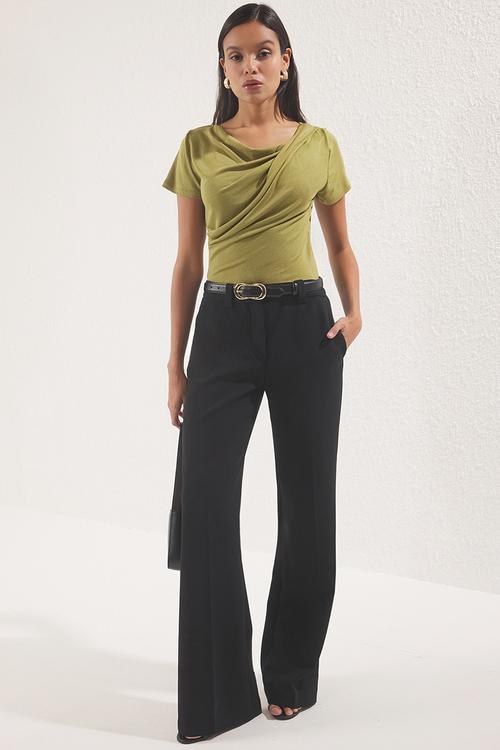 Green drape detail fitted knitted blouse - oil green