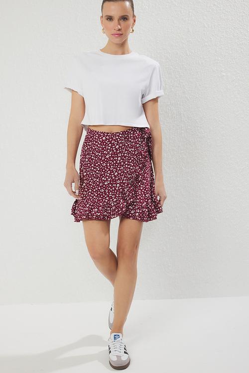 Floral Ruffle Viscose Summer Mini Skirt - burgundy