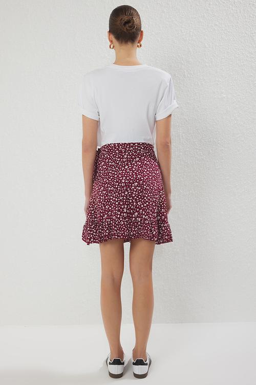 Floral Ruffle Viscose Summer Mini Skirt - burgundy