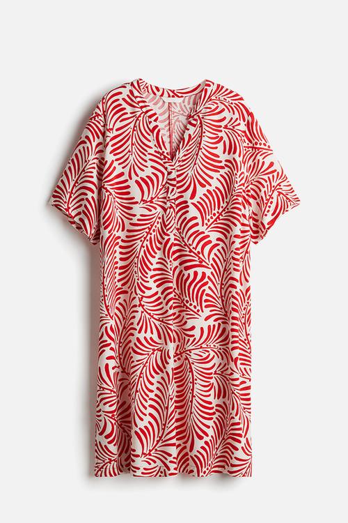 Viscose tunic dress - white & red patterned