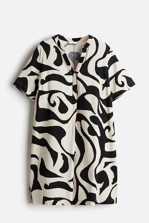 Viscose tunic dress - cream & black patterned