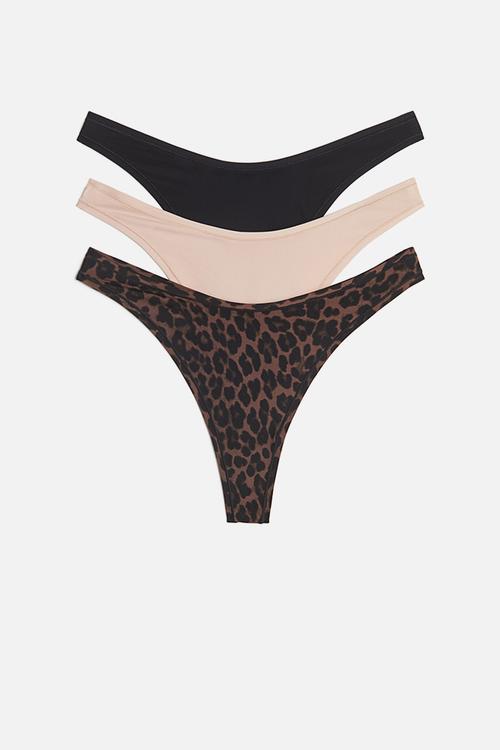 3 pack microfibre thong briefs - dark brown leopard print