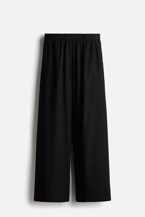 Wide linen-blend trousers - black