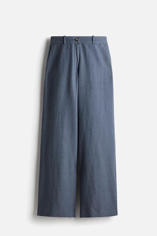 Wide linen-blend trousers - steel blue