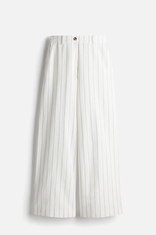 Wide linen-blend trousers - white striped
