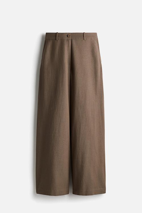 Wide linen-blend trousers - dark beige