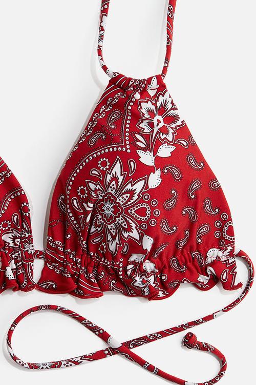 Padded triangle bikini top - red & paisley-patterned