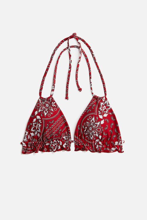 Padded triangle bikini top - red & paisley-patterned
