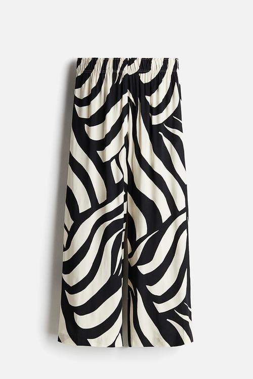 Cropped pull-on trousers - cream/black patterned
