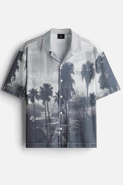 Loose fit mesh resort shirt - grey palm trees