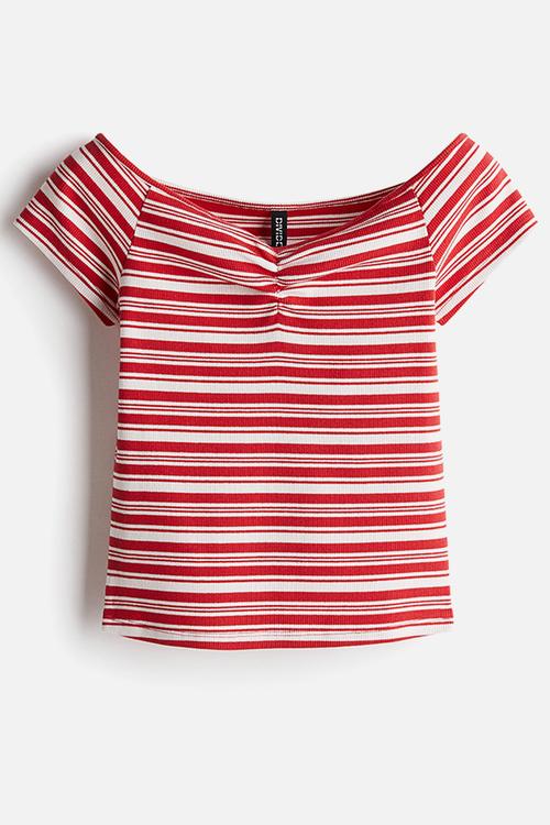 Ribbed boat-neck top - red striped
