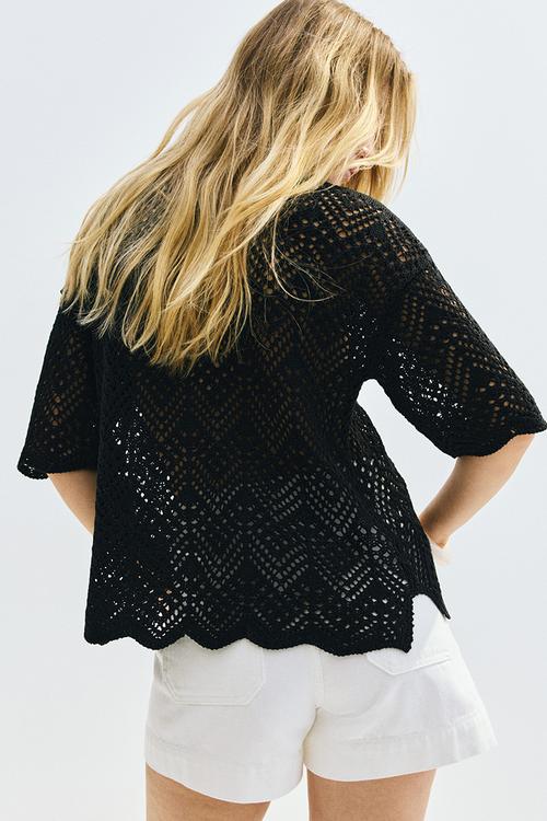 Short-sleeved pointelle-knit shirt - black