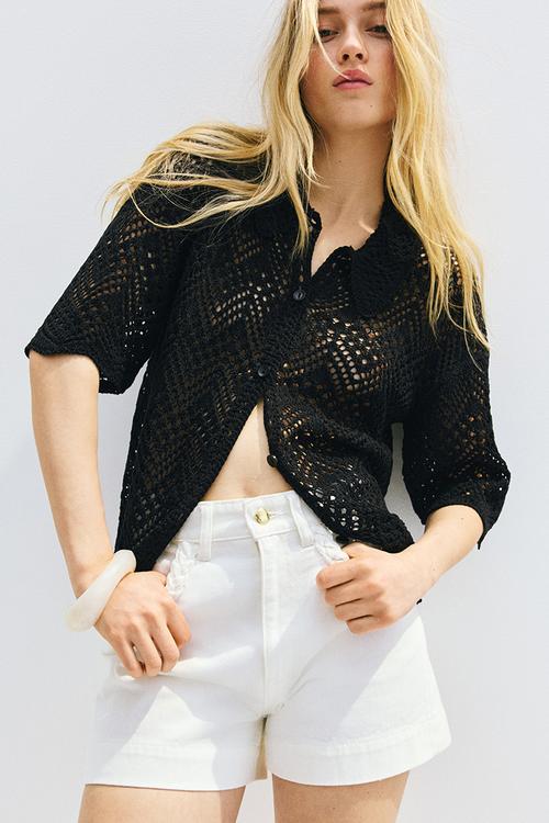 Short-sleeved pointelle-knit shirt - black
