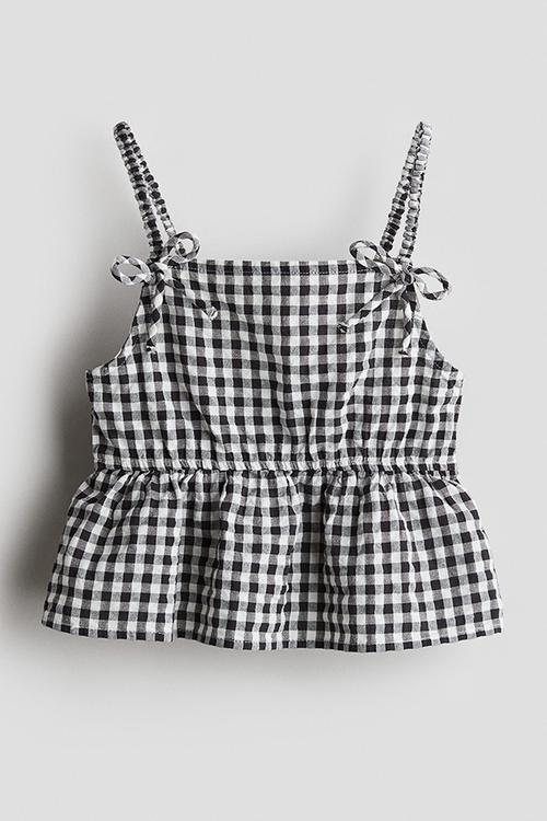 Bow-detail peplum top -black/checked