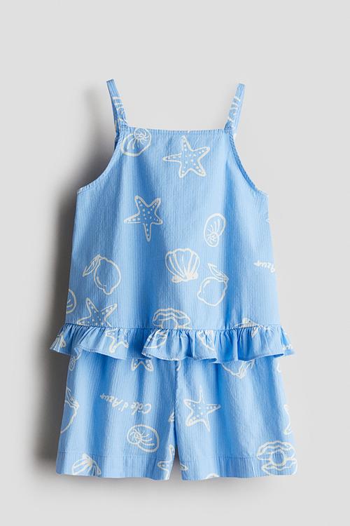 2-piece cotton strappy top and shorts set - light blue/patterned 