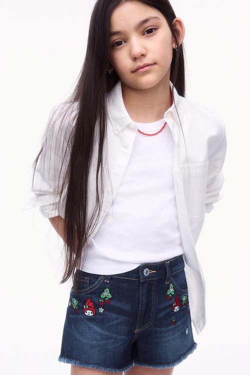 Embroidery-detail denim shorts - denim blue/my melody