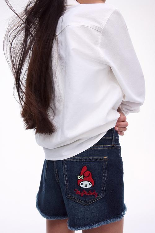 Embroidery-detail denim shorts - denim blue/my melody