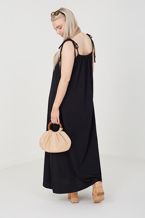 Ladies Tie Strap Midi Dress - Black