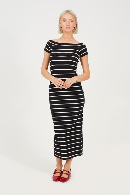 Ladies Scoop Neck Short Sleeve Striped Dress - Black/White