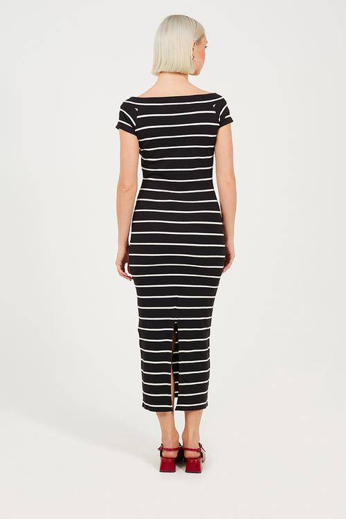 Ladies Scoop Neck Short Sleeve Striped Dress - Black/White