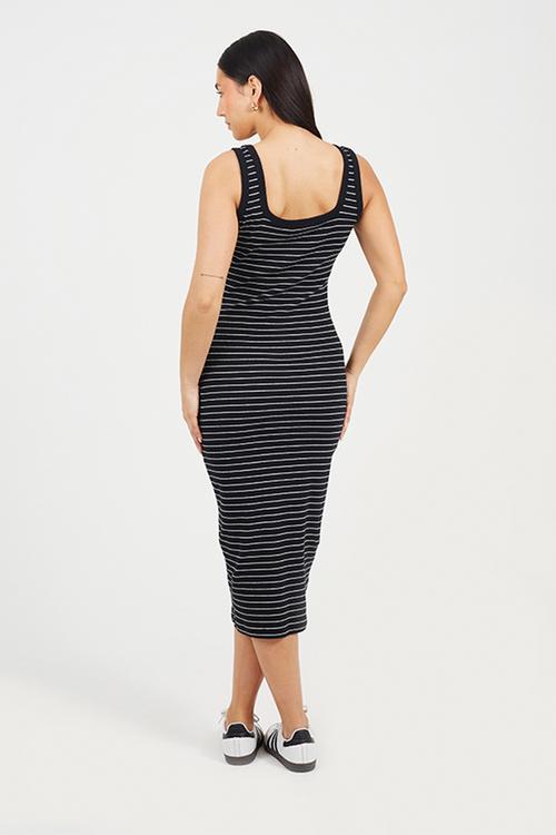 Ladies Scoop Neck Stripe Midi Body Con Dress - Black/Cream