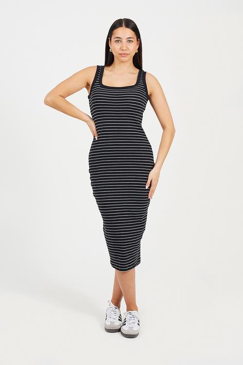 Ladies Scoop Neck Stripe Midi Body Con Dress - Black/Cream