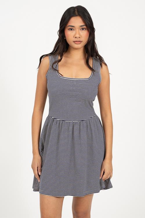 Ladies Scoop Neck Stripe Mini Dress - Dark Navy/White