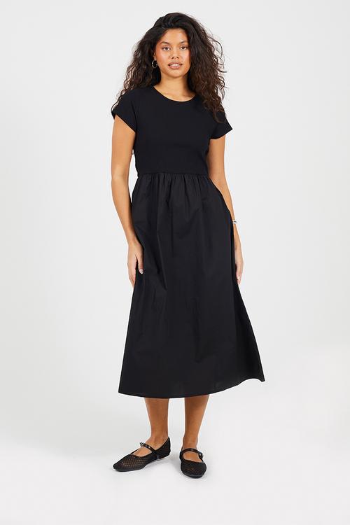 Ladies Midi Ribbed Jersey And Poplin Mix Dress - Black