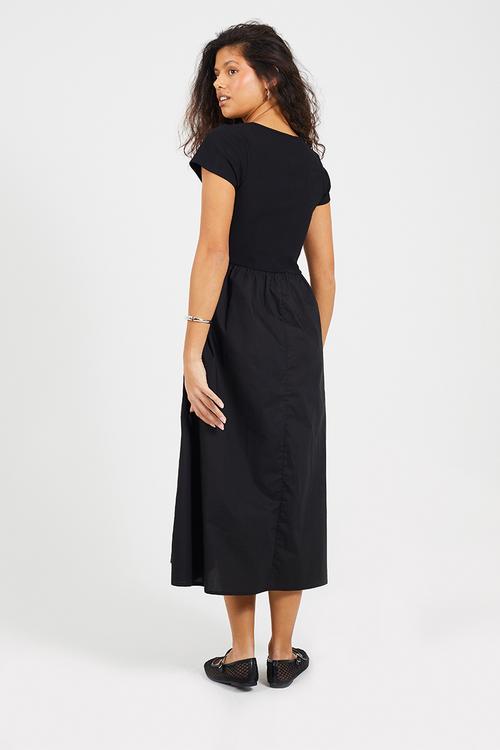 Ladies Midi Ribbed Jersey And Poplin Mix Dress - Black