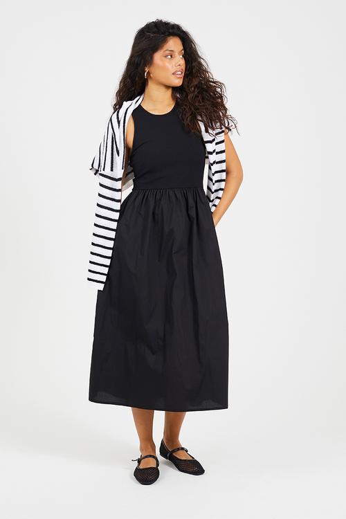 Ladies Midi Ribbed Jersey And Poplin Mix Dress - Black