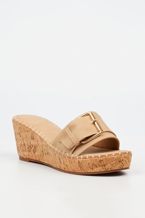 JAYDA 6 Buckle Mule Cork Wedge  - Neutral 