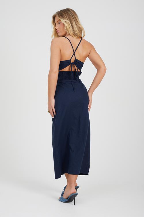 Ladies Strappy Sweetheart Neck Linen Dress - Navy